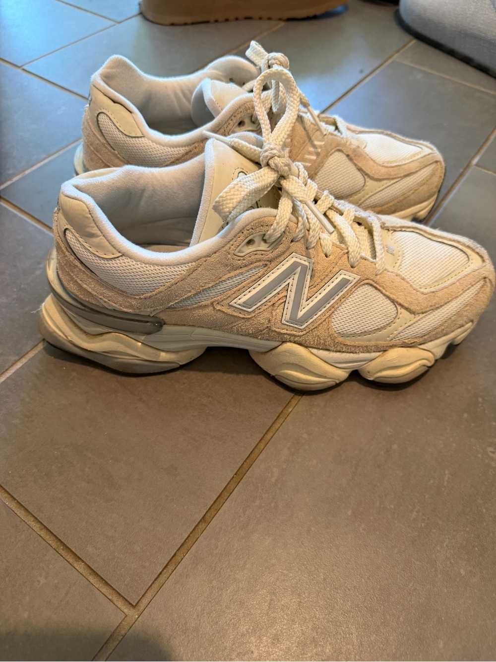 New Balance Beige and White Mesh Suede Sneakers